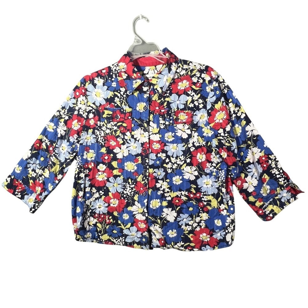 Alfred Dunner Women's Petite 14P Floral Button-Down 3/4 Sleeve Cotton‎ Blend Top